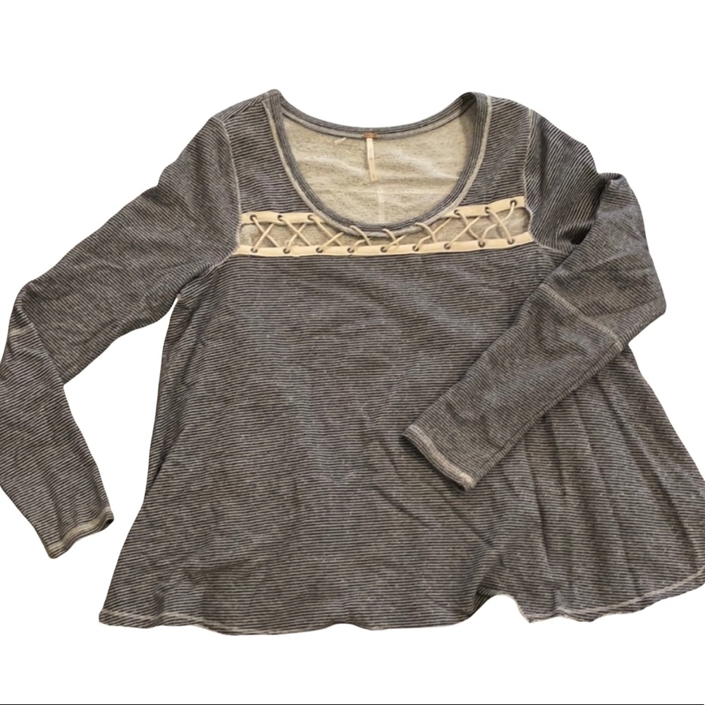 Free People Drawstring Lace up Striped Babydoll Top